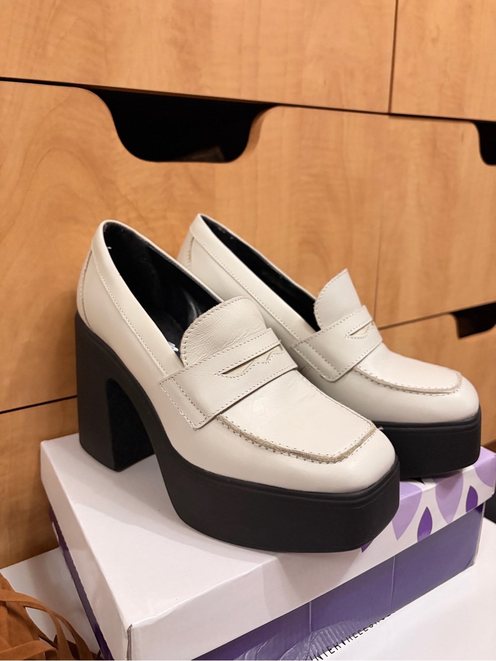 Women’s Cream Platform Penny Loafers with Black Sole
